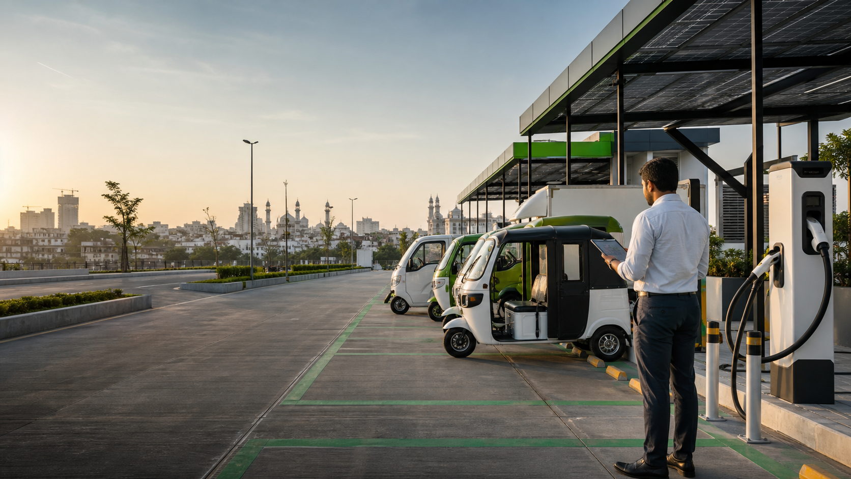 EV charging hub with commercial three-wheelers and an operator reviewing site performance